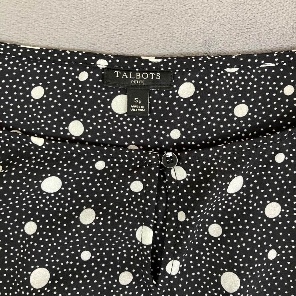 Talbots Petite Small Black White Polka Dot Tie Sleeve Blouse Top - Picture 2 of 7